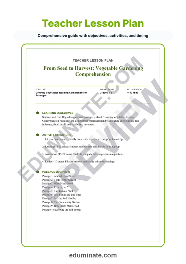Growing Vegetables Reading Comprehension Passages and Questions Grades 1-5 sample page 2