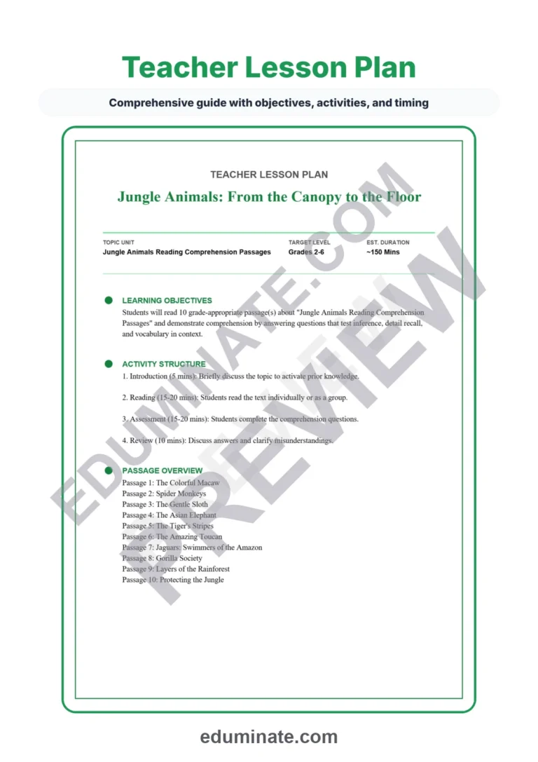 Jungle Animals Reading Comprehension Passages and Questions for Grades 2-6 sample page 2