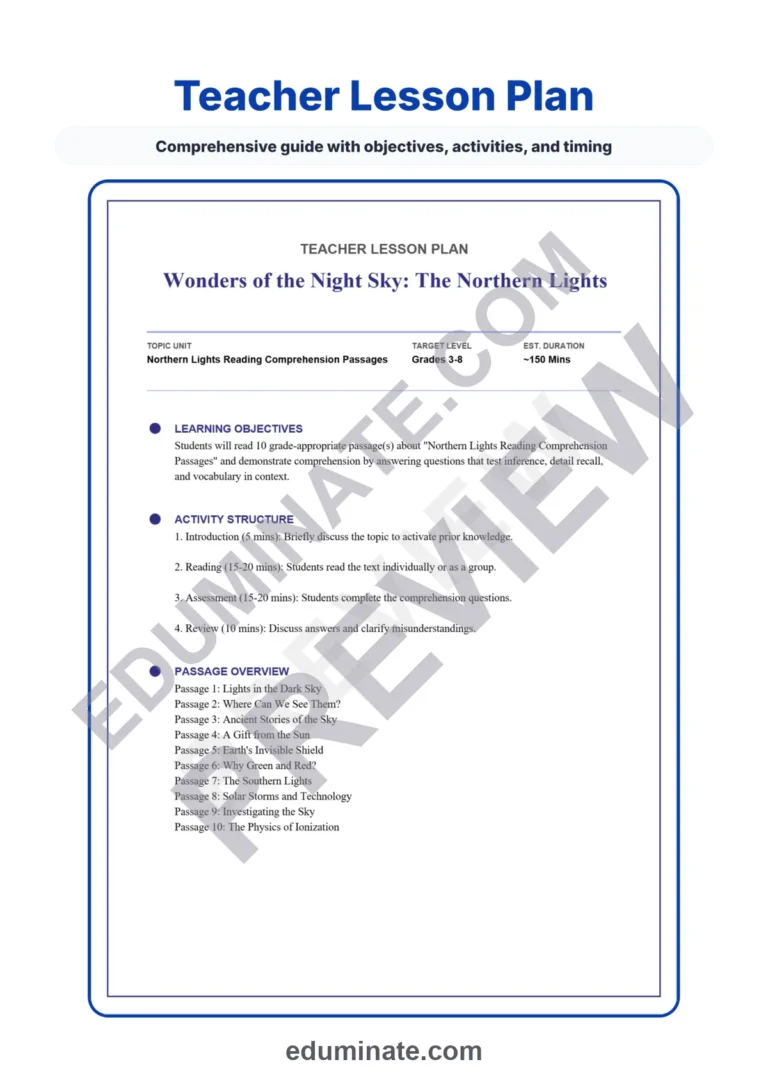 Northern Lights Reading Comprehension Passages Science Worksheets 3rd 8th Grade sample page 2