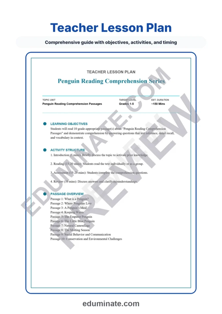 Penguin Reading Comprehension Passages Science Worksheets for 1st to 5th Grade sample page 2