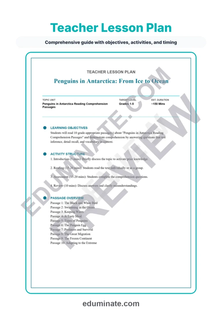 Penguins in Antarctica Reading Comprehension Passages Worksheets 1st 5th Grade sample page 2