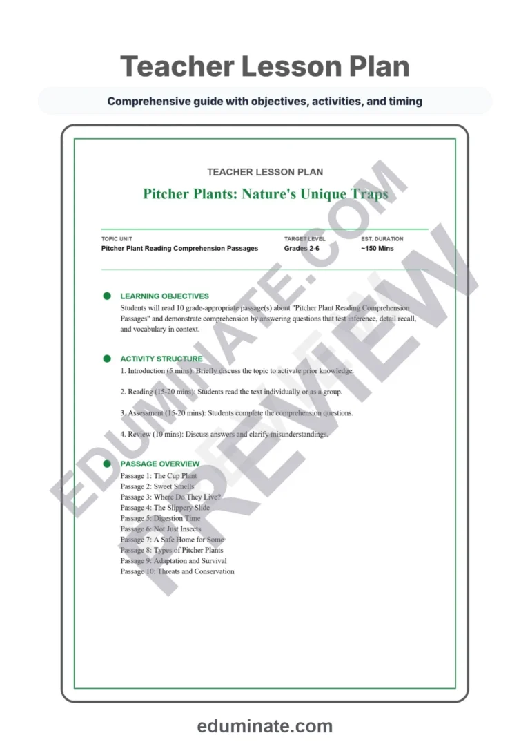 Pitcher Plant Reading Comprehension Passages Science Worksheets 2nd 6th Grade sample page 2