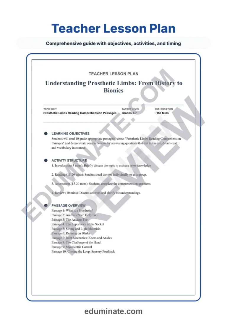 Prosthetic Limbs Reading Comprehension Passages STEM Worksheets 3rd 7th Grade sample page 2