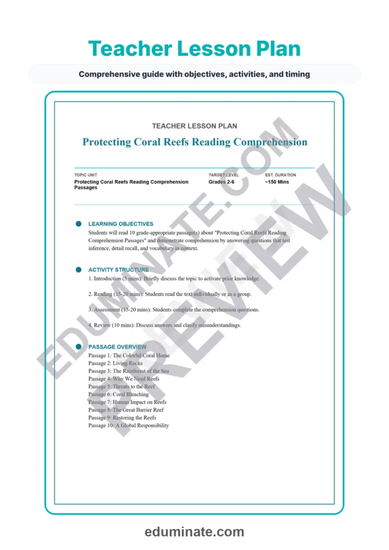 Protecting Coral Reefs Reading Comprehension Passages Science Worksheets 2nd 6th sample page 2