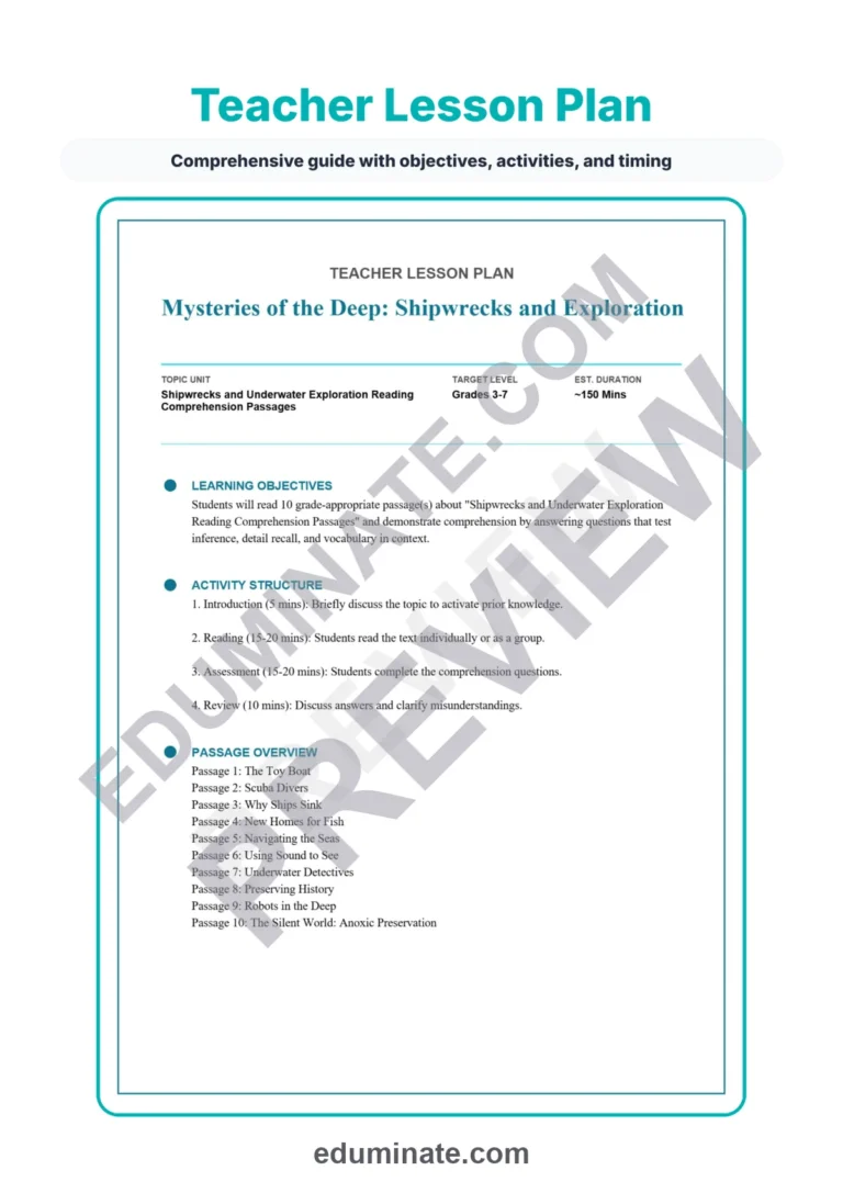 Shipwrecks and Underwater Exploration Reading Passages Worksheets 3rd 7th Grade sample page 2