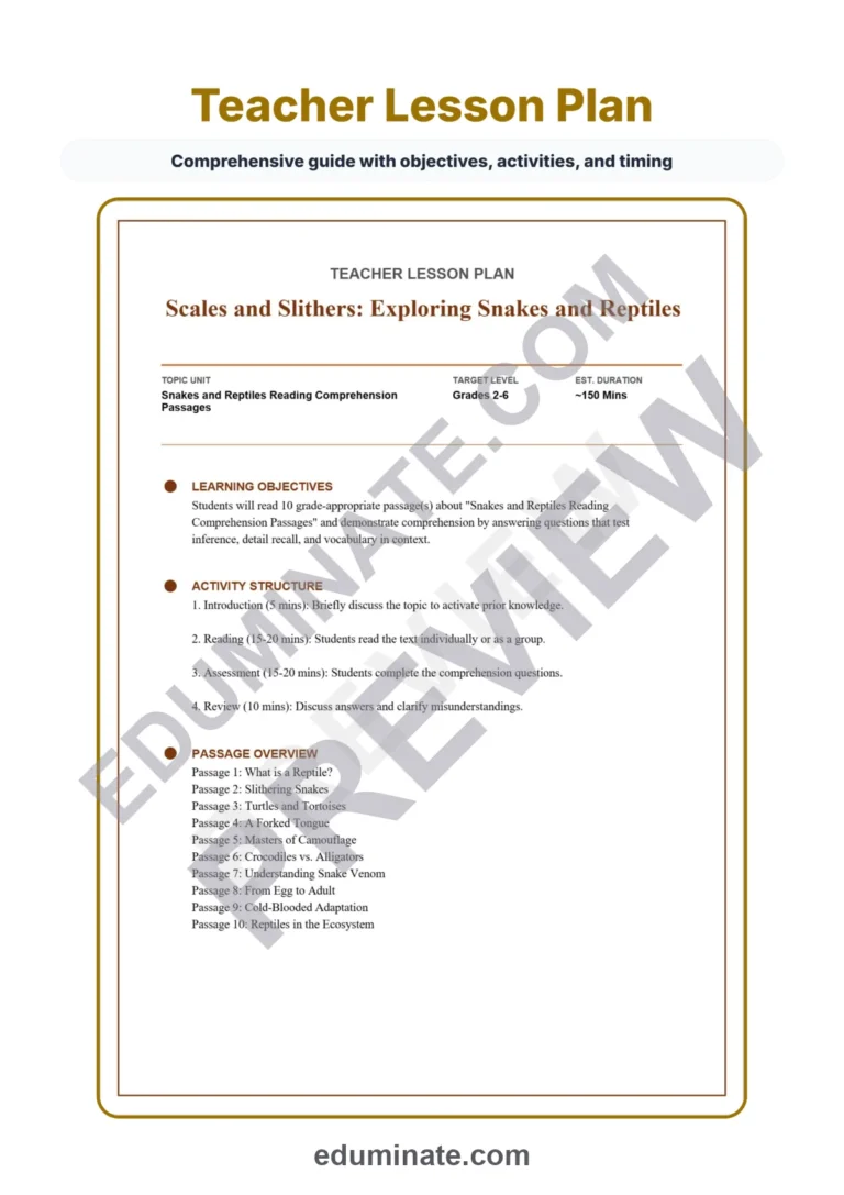 Reptiles Worksheets: Reading Comprehension Passages with Answer Keys, Grades 2-6 sample page 2