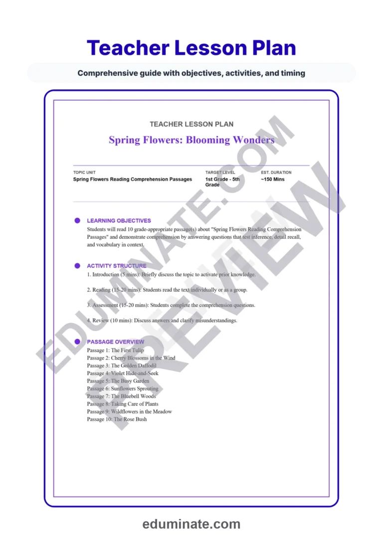 Flowers Worksheets: Reading Comprehension Passages with Answer Keys, Grades 1-5 sample page 2