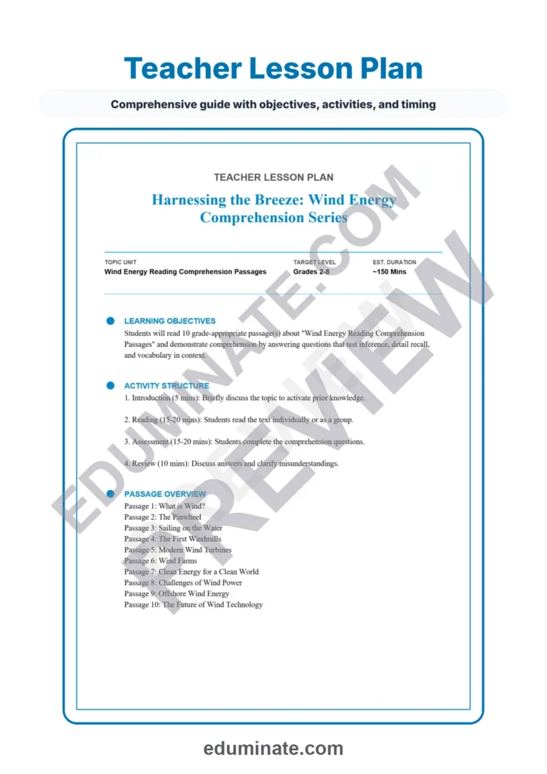 Wind Power Worksheets: Wind Energy Reading Passages with Answer Keys, Grades 2-8 sample page 2