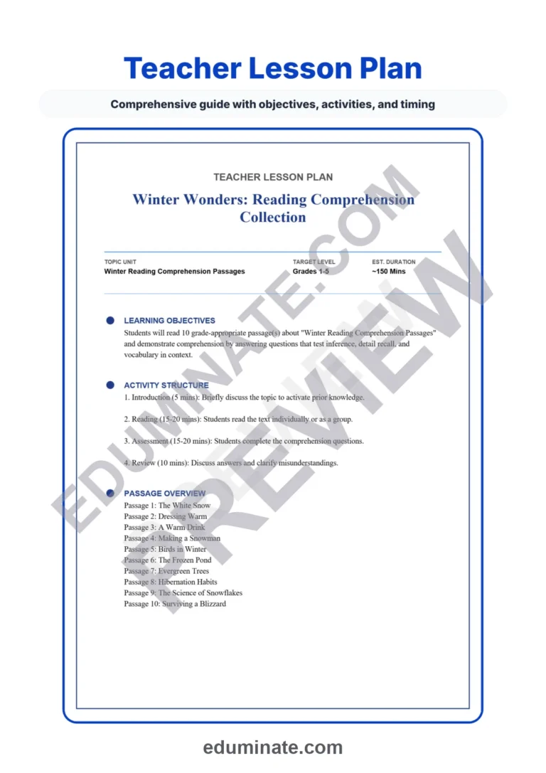 Winter Reading Comprehension Passages Worksheets 1st 2nd 3rd 4th 5th Grade sample page 2