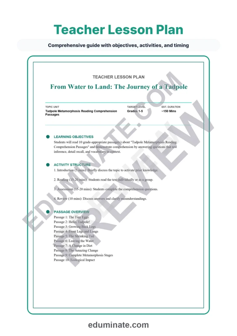 Tadpole Metamorphosis Reading Comprehension Passages Worksheets Grades 1 to 5 sample page 2