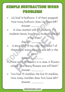 Word Problems Within 20 Math Worksheets Addition and Subtraction Activities page 2