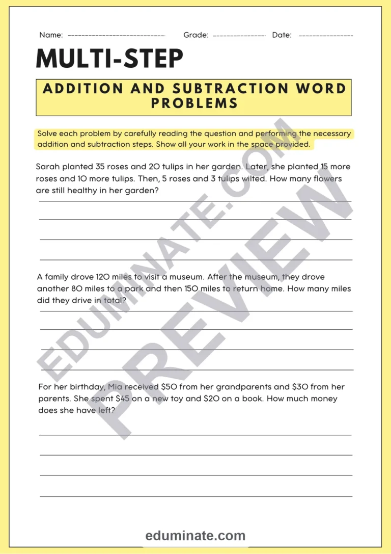 Multi Step Addition and Subtraction Problems Word Problem Math Worksheets sample page 2