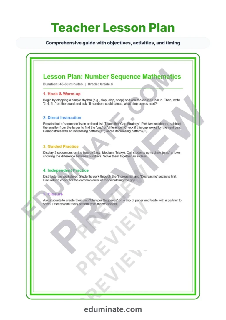 Number Sequence Worksheets Math Patterns Lesson Plan and Teacher Keys Pack sample page 2