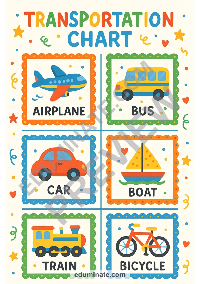 Transportation Chart | Printable Vehicles Chart for Preschool | 52 Chart Pages sample page 2