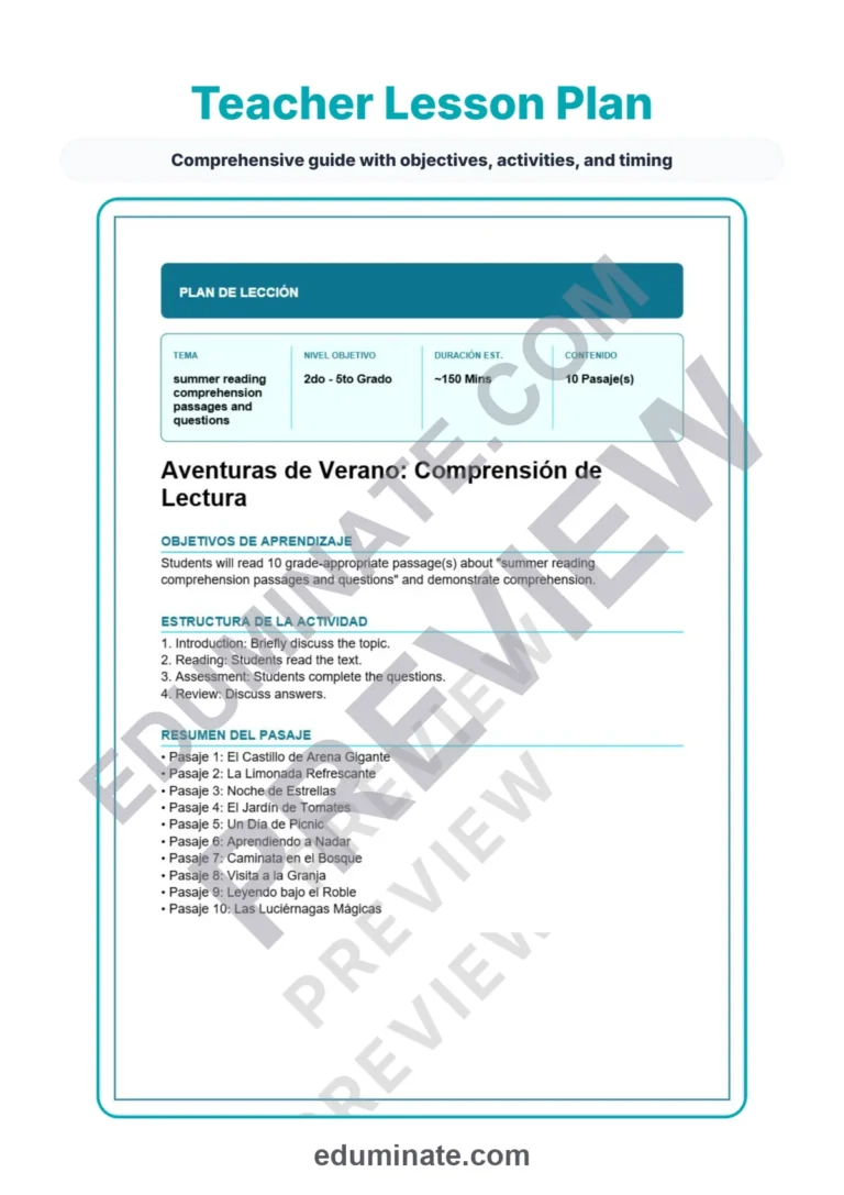 Spanish Summer Worksheets – Reading Passages with Questions and Answer Key sample page 2