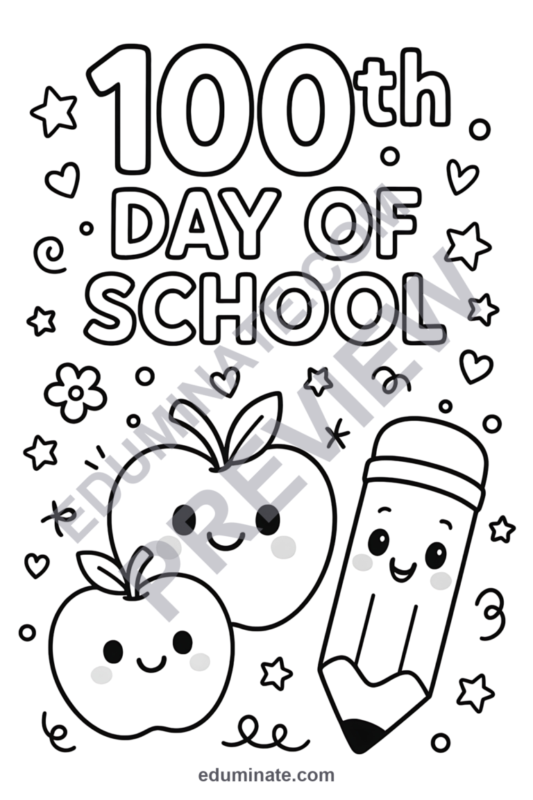 100 Days of School Coloring Pages | Classroom Activity | Fun Printable Set sample page 2