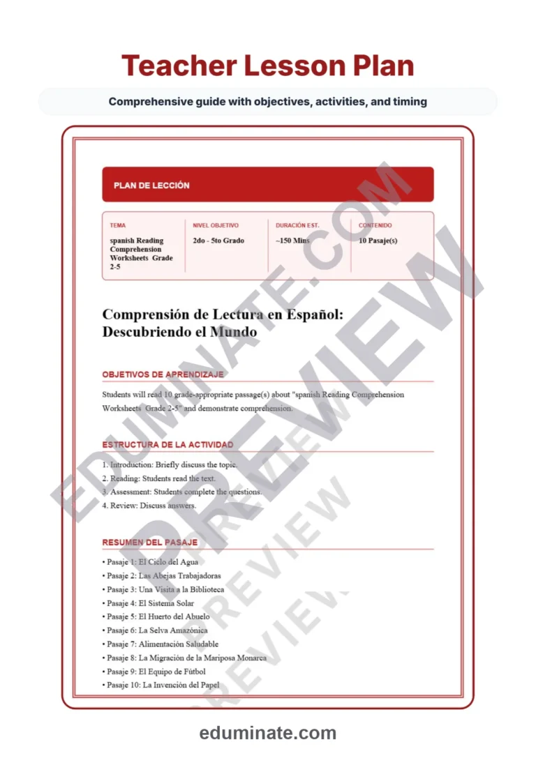 Spanish Reading Passages – Printable Pages, Questions and Answer Key Grades 2-5 sample page 2