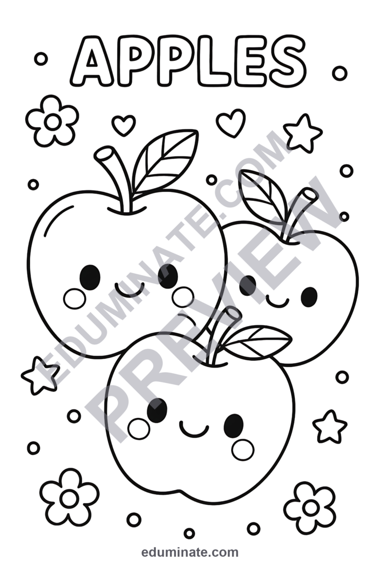 Cute Apple Coloring Pages | Kawaii Fruit Sheets | Smiling Apple Characters sample page 2