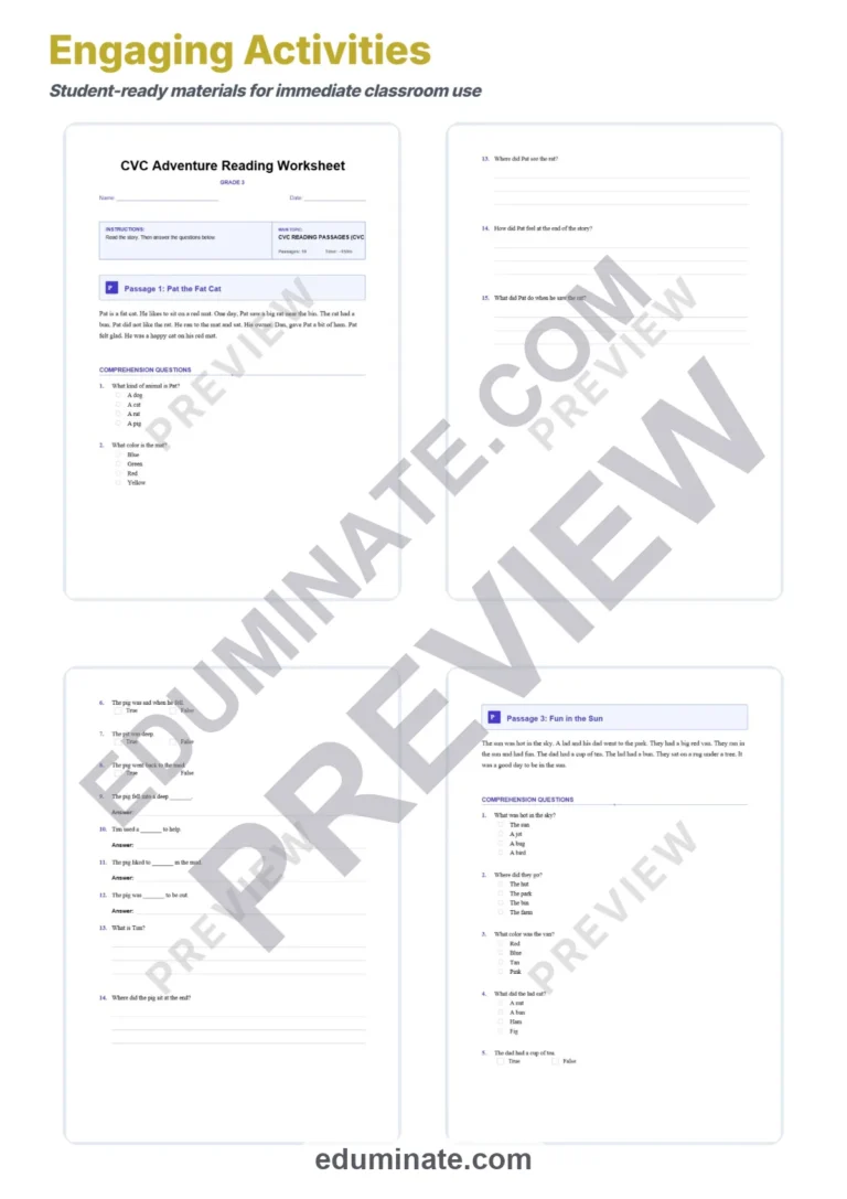 Decodable Passages – Decodable CVC Printable Pages, Questions and Answer Key sample page 2
