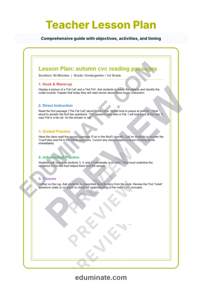 Fall CVC Worksheets – Autumn CVC Reading Passages, Questions and Answer Key sample page 2