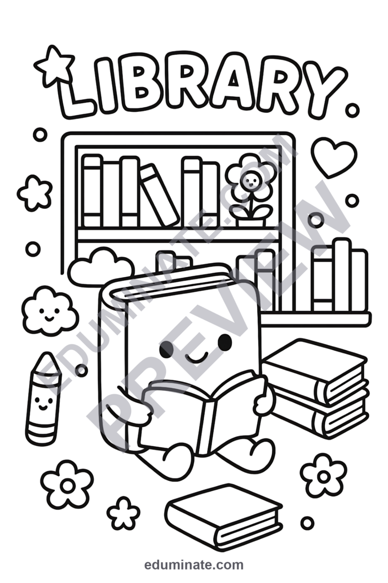 Library Coloring Pages Reading and Books Art Activity Sheets Pack for Kids sample page 2