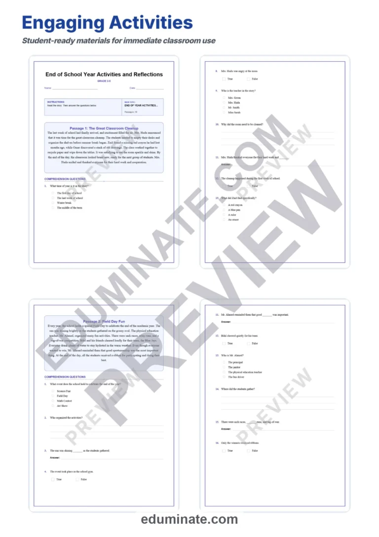 End of Year Worksheets – Reading Passages with Questions and Answer Key (PDF) sample page 2