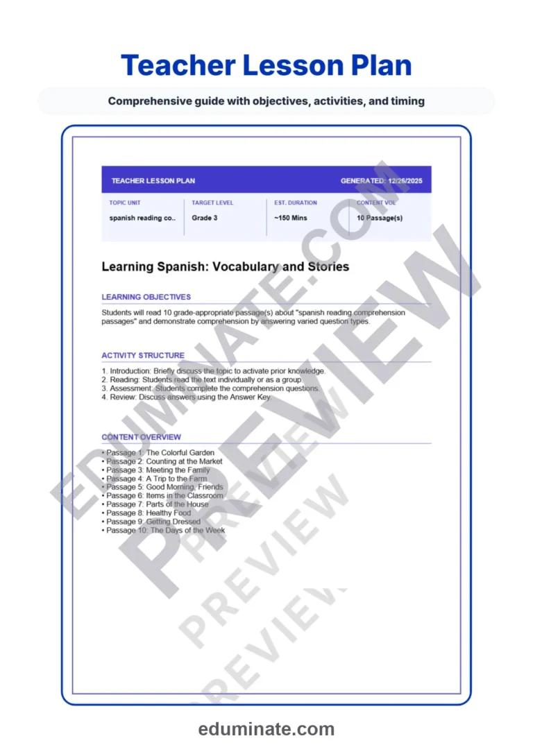 Spanish Reading Comprehension with Questions – Reading Passages 3rd Grade sample page 2