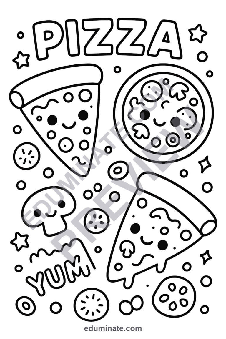 Pizza Coloring Pages Italian Food and Fun Party Activity Sheets Pack Kids sample page 3