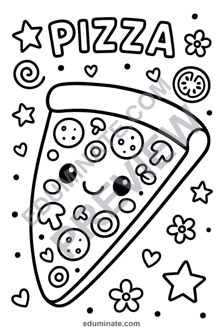 Cute Pizza Coloring Pages Kawaii Food Characters Activity Pack for Kids Fun sample page 3
