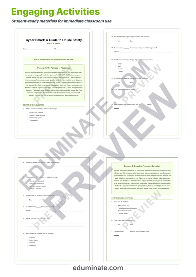 Internet Safety Worksheets And Reading Comprehension Passages Activity Pack sample page 3