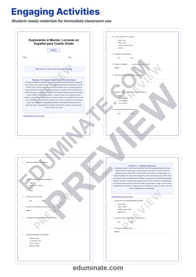Spanish Reading Comprehension Passages 4th Grade Worksheets and Activities sample page 3