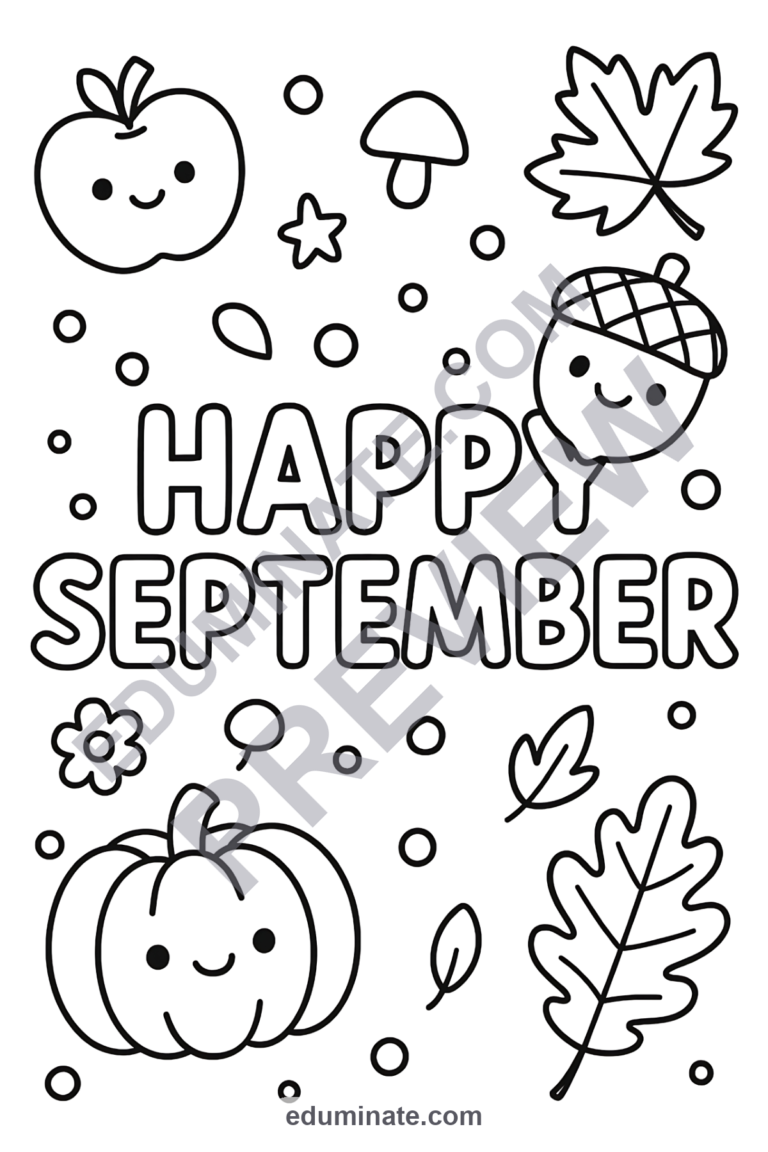 Cute September Coloring Pages Kawaii Fall Friends Activity Sheets Pack Kids sample page 3