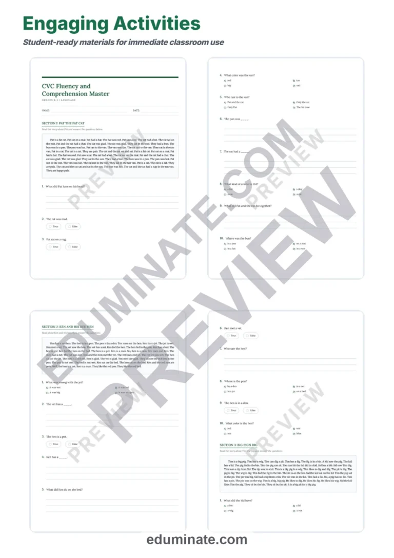 Kindergarten CVC Worksheets – Reading Passages with Questions and Answer Key sample page 3