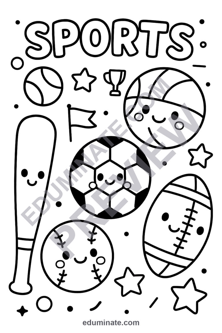 Children’s Sports Coloring Pages 28 Smiling Athletic Ball Art Activity Sheets sample page 3