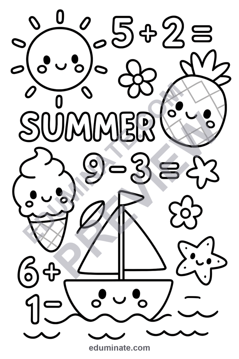 Summer Math Coloring Pages Addition and Subtraction Activity Pack for Kids sample page 3