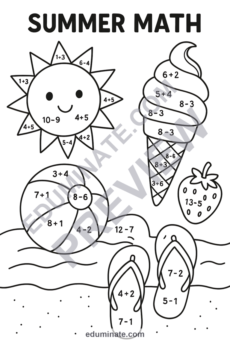 Fun Summer Math Coloring Pages Fact Fluency and Art Activity Sheets for Kids sample page 3