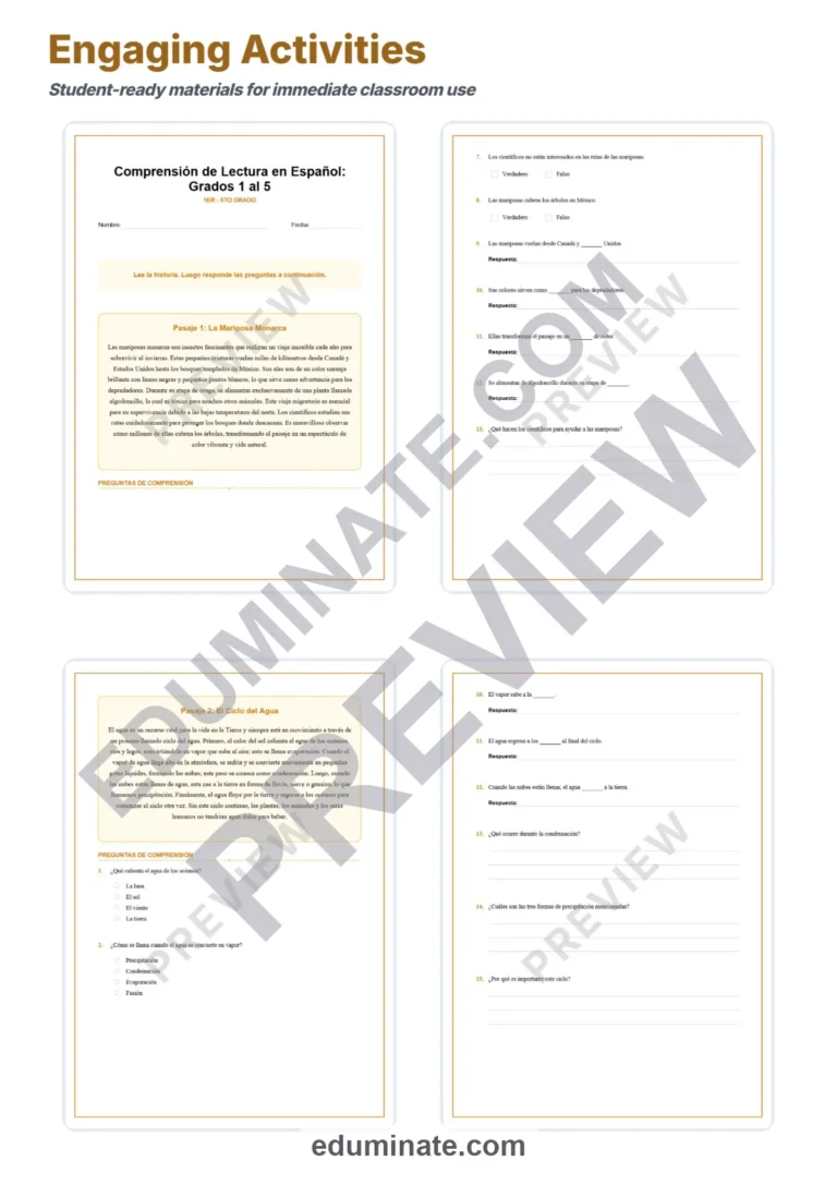 Spanish Reading Comprehension Passages Grades 1-5 Worksheets and Activities sample page 3