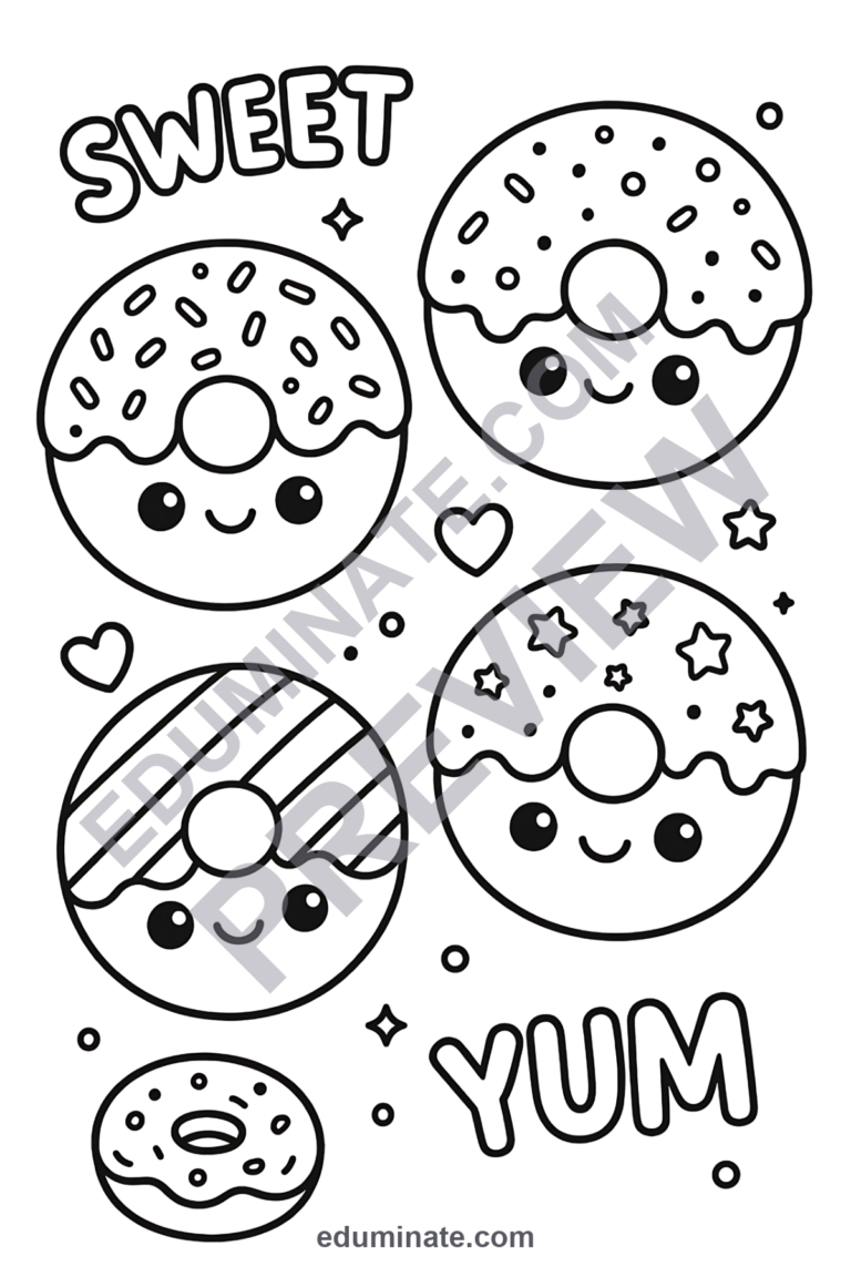 Donut Coloring Pages | Sweet Treats Bakery Food Art Activity Sheets for Kids sample page 3