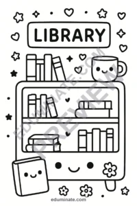 Printable Library Coloring Pages Reading Activity Sheets Pack for Kids Fun page 3