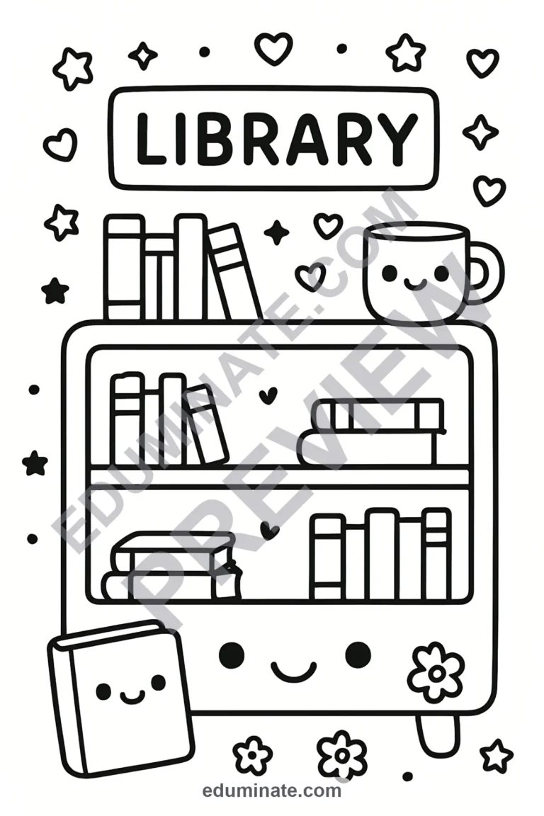 Printable Library Coloring Pages Reading Activity Sheets Pack for Kids Fun sample page 3