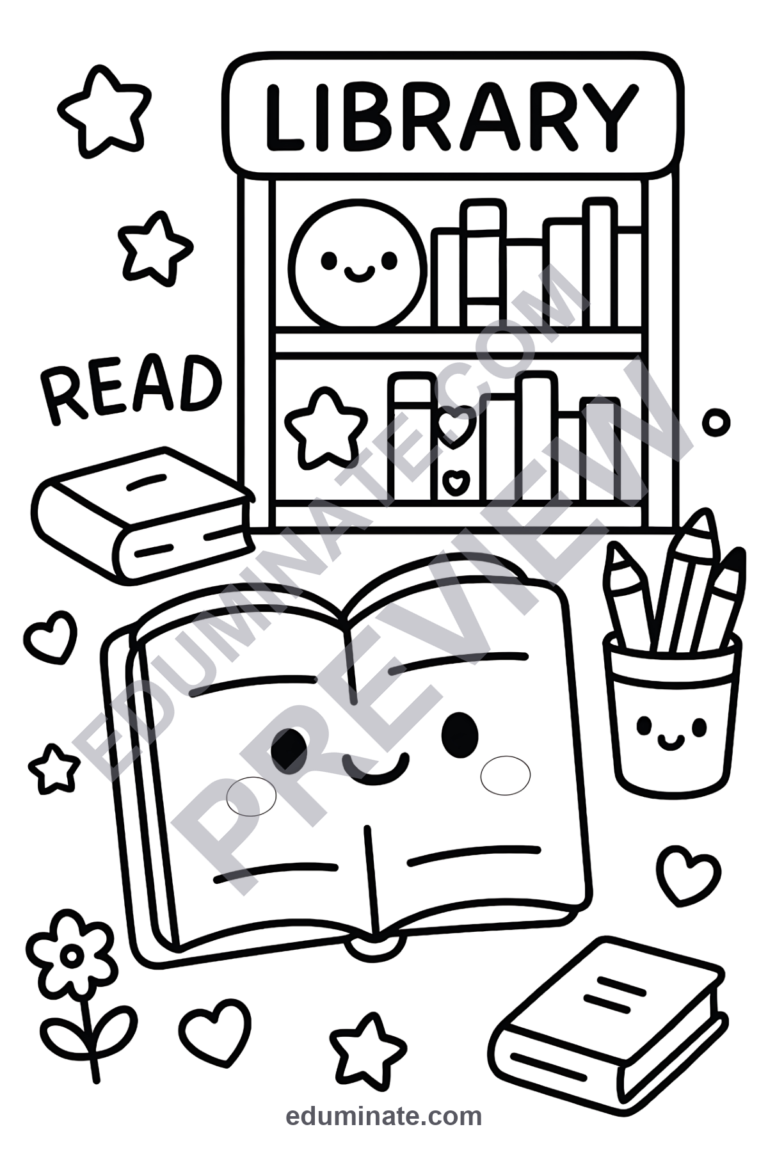 School Library Coloring Pages Book Week Art Activity Sheets Pack for Kids sample page 3