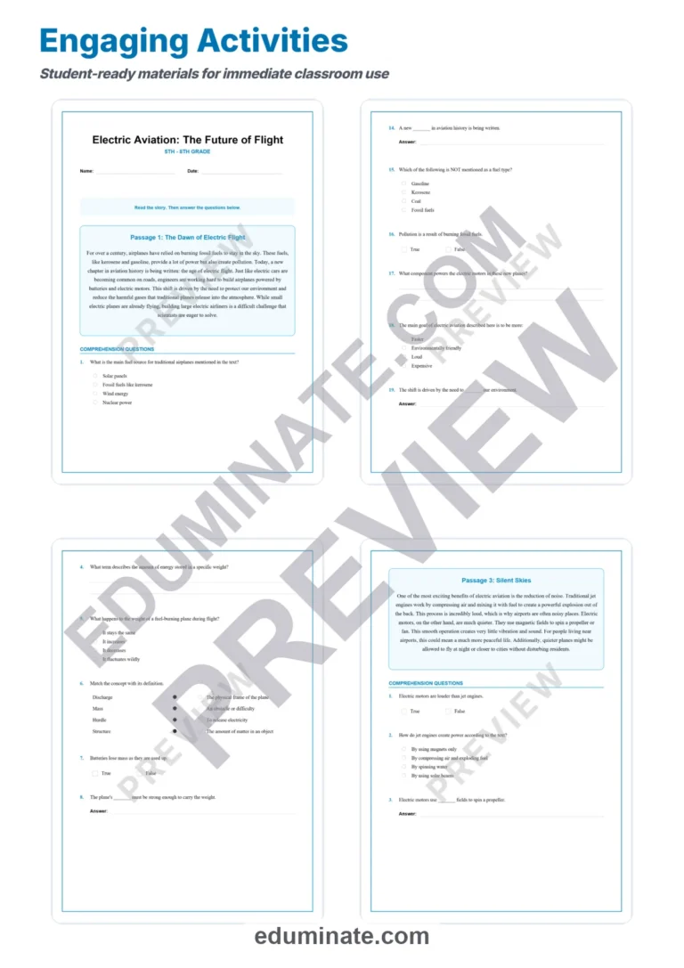 Electric Aviation Reading Comprehension Passages And Questions Worksheets Set sample page 3