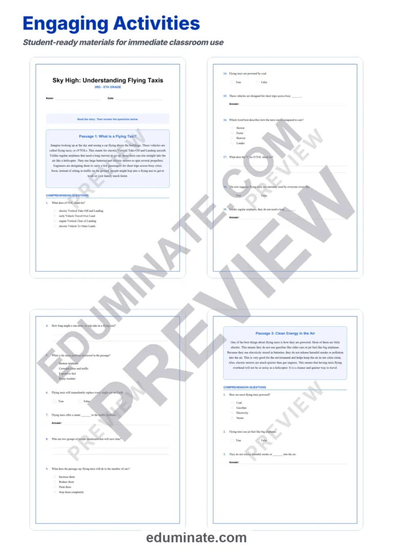 Flying Taxis Reading Comprehension Passages And Questions Worksheets Packet sample page 3