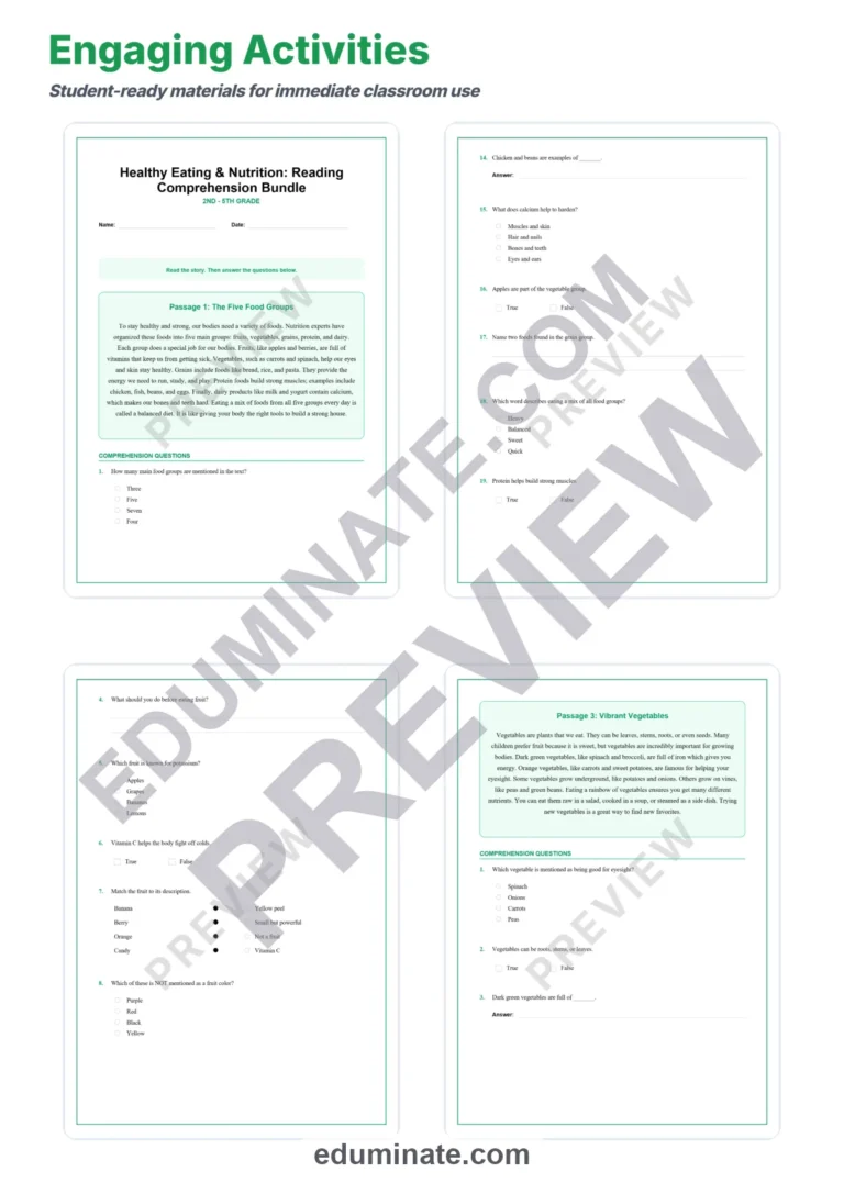 Healthy Foods Reading Comprehension Passages And Questions Worksheets Pack sample page 3