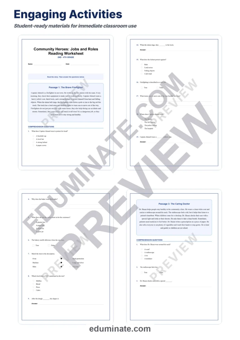 Community Helpers Reading Comprehension Passages And Questions Worksheets sample page 3