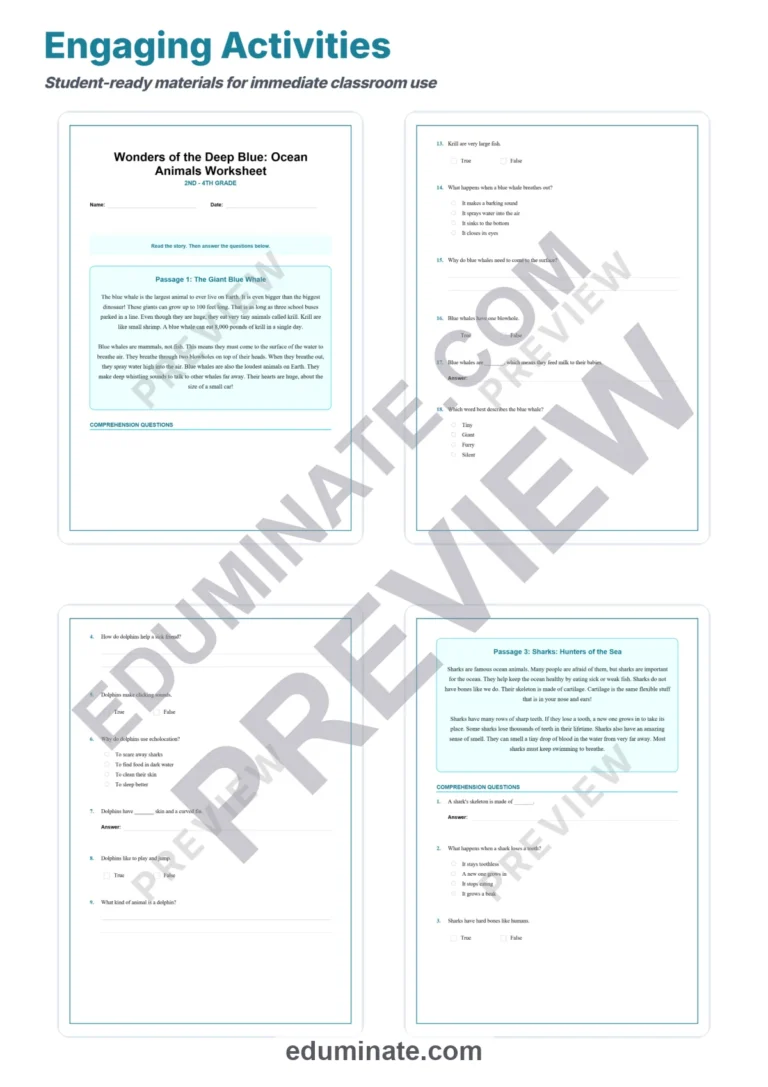 Ocean Animals Reading Comprehension Passages And Questions Printable Pack sample page 3