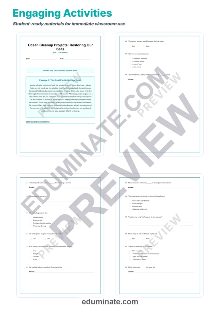 Ocean Cleanup Reading Comprehension Passages And Questions Printable Pack sample page 3