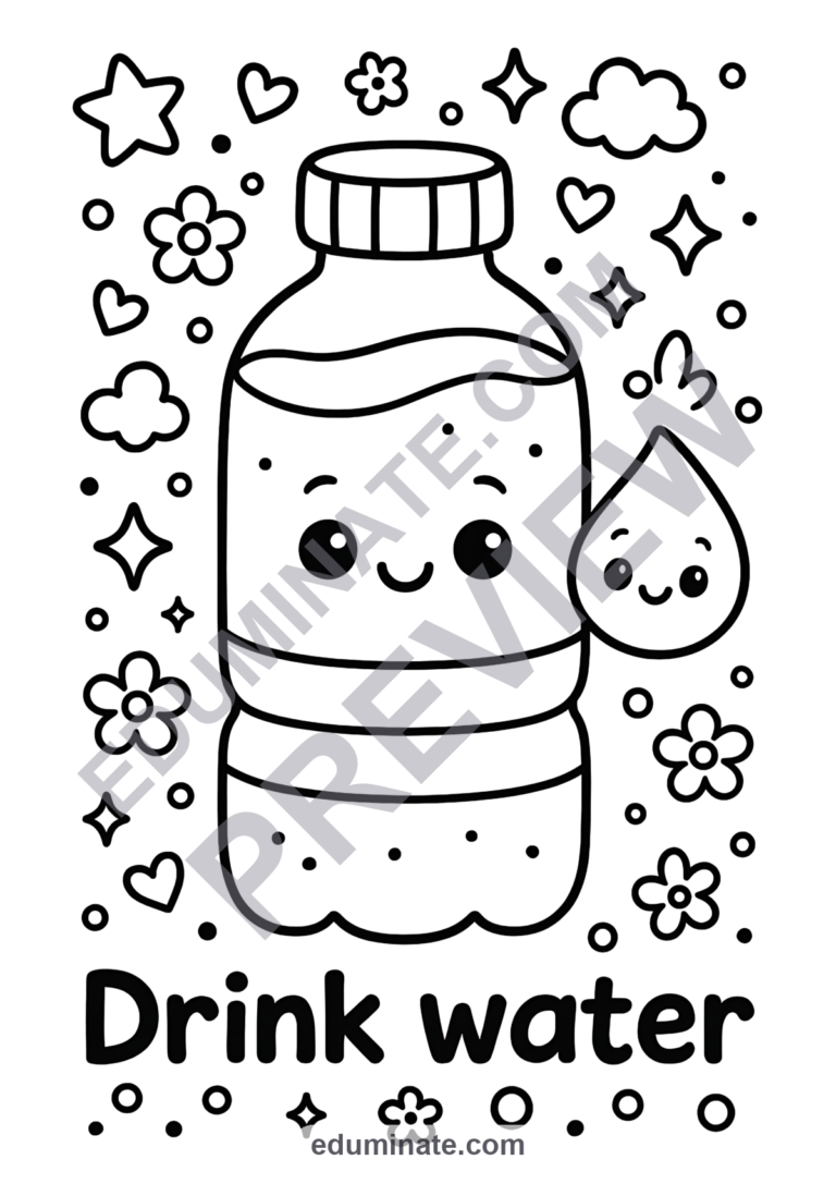 Water Bottle Coloring Pages | Healthy Hydration Drink Art Sheets for Kids sample page 3