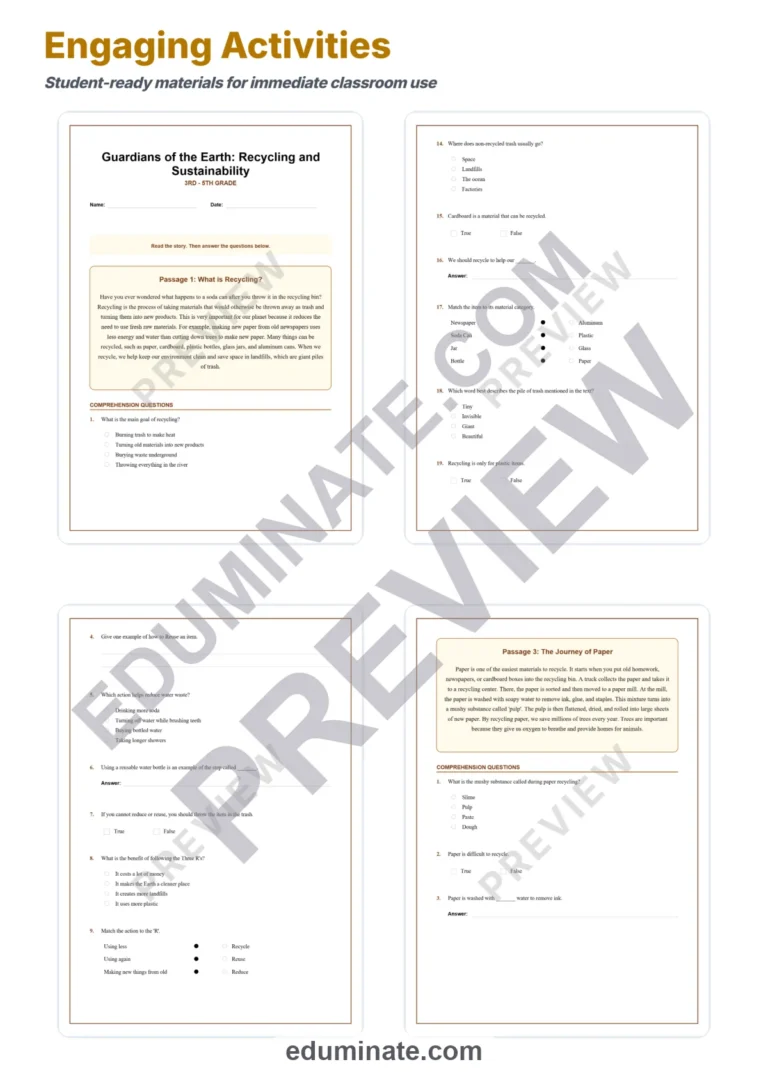 Recycling Reading Comprehension Passages and Sustainability Worksheets Set sample page 3