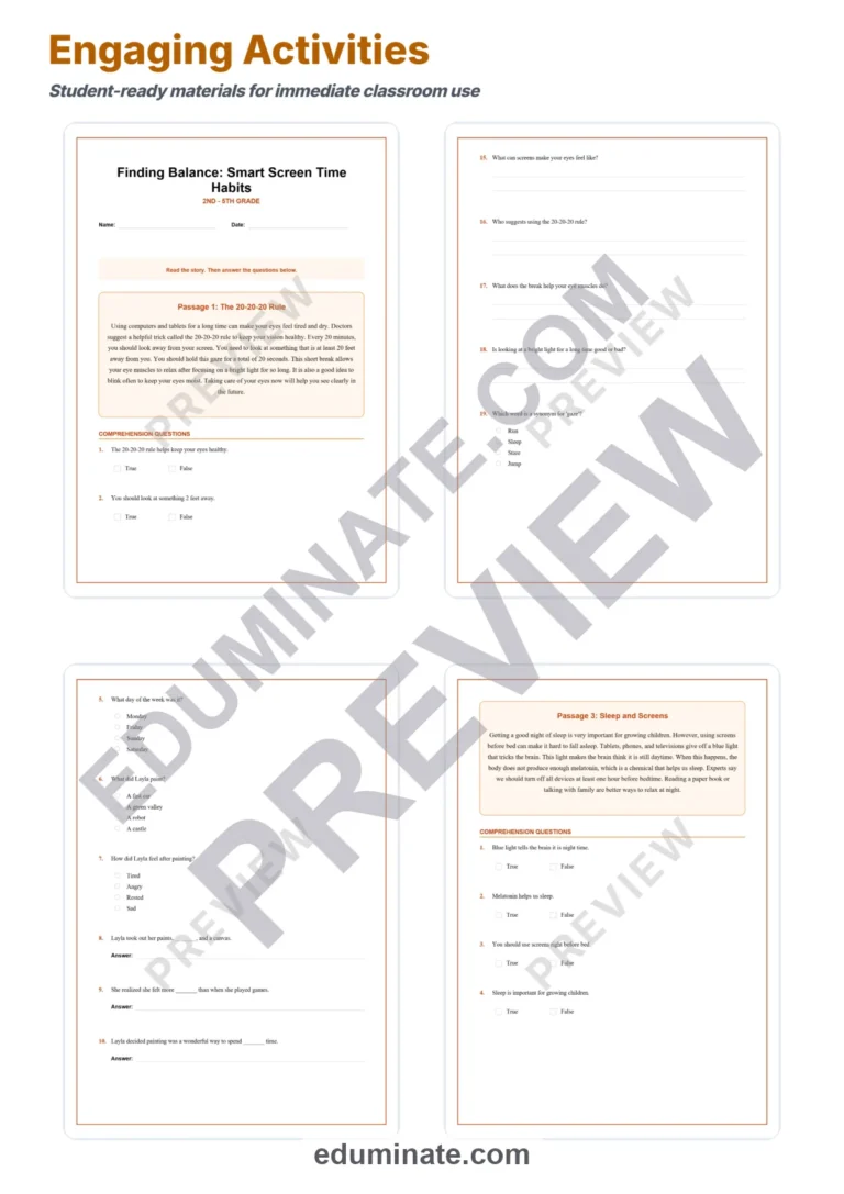 Screen Time Reading Comprehension Passages and Healthy Habits Worksheet Set sample page 3